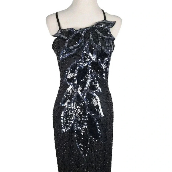 Vintage Black Tie By He-Ro Silk Beaded Sequin Evening Cocktail Dress Size 10 - Picture 3 of 16